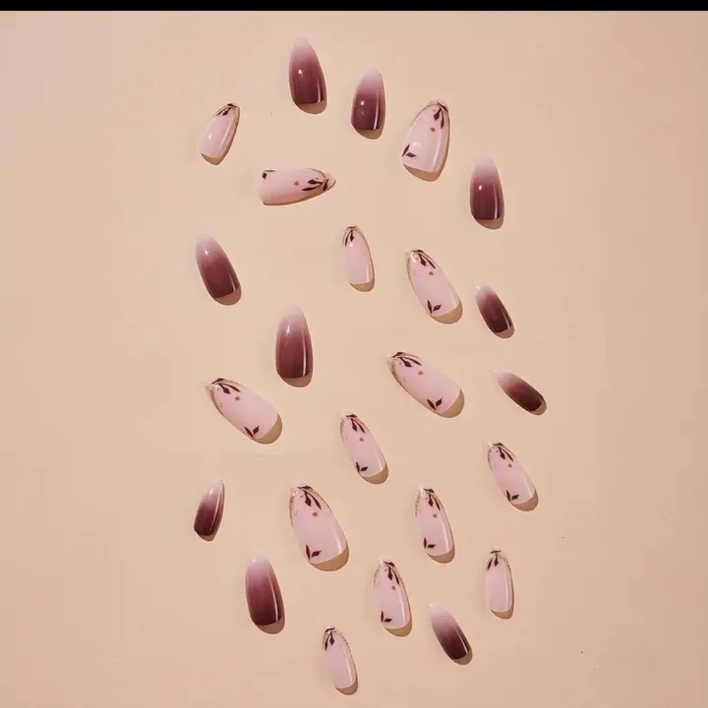 🔥3/$21 Pinkish with gold leaf design almond  shaped Press on False nails